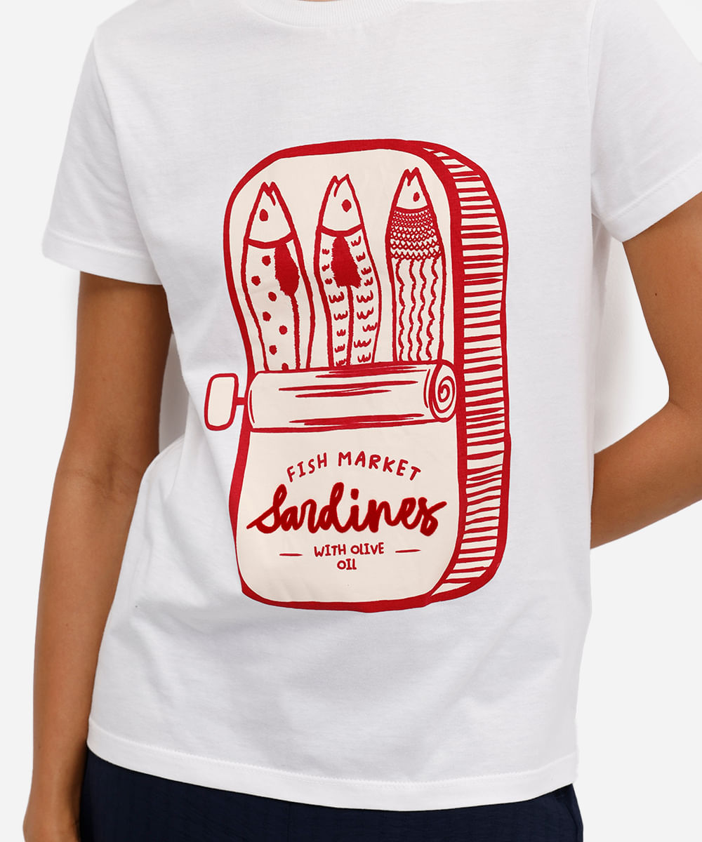 camiseta feminina de algodão sardinhas texturizada off white