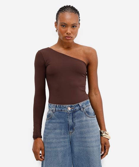 body ombro único feminino de poliamida marrom