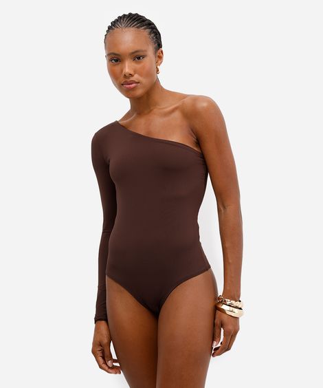 body ombro único feminino de poliamida marrom