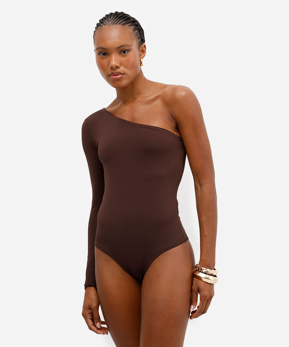 body ombro único feminino de poliamida marrom