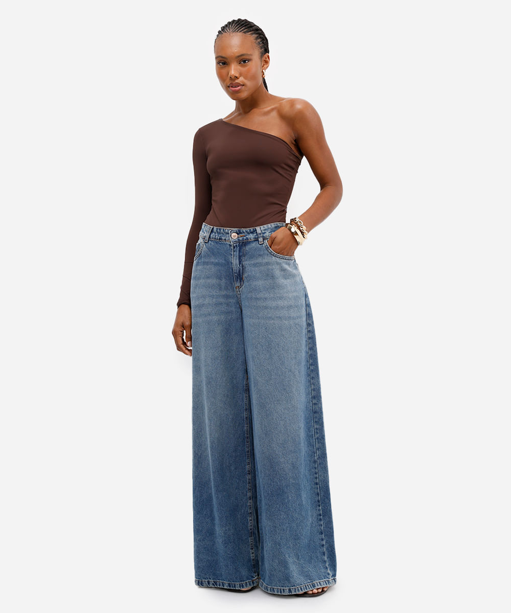 body ombro único feminino de poliamida marrom