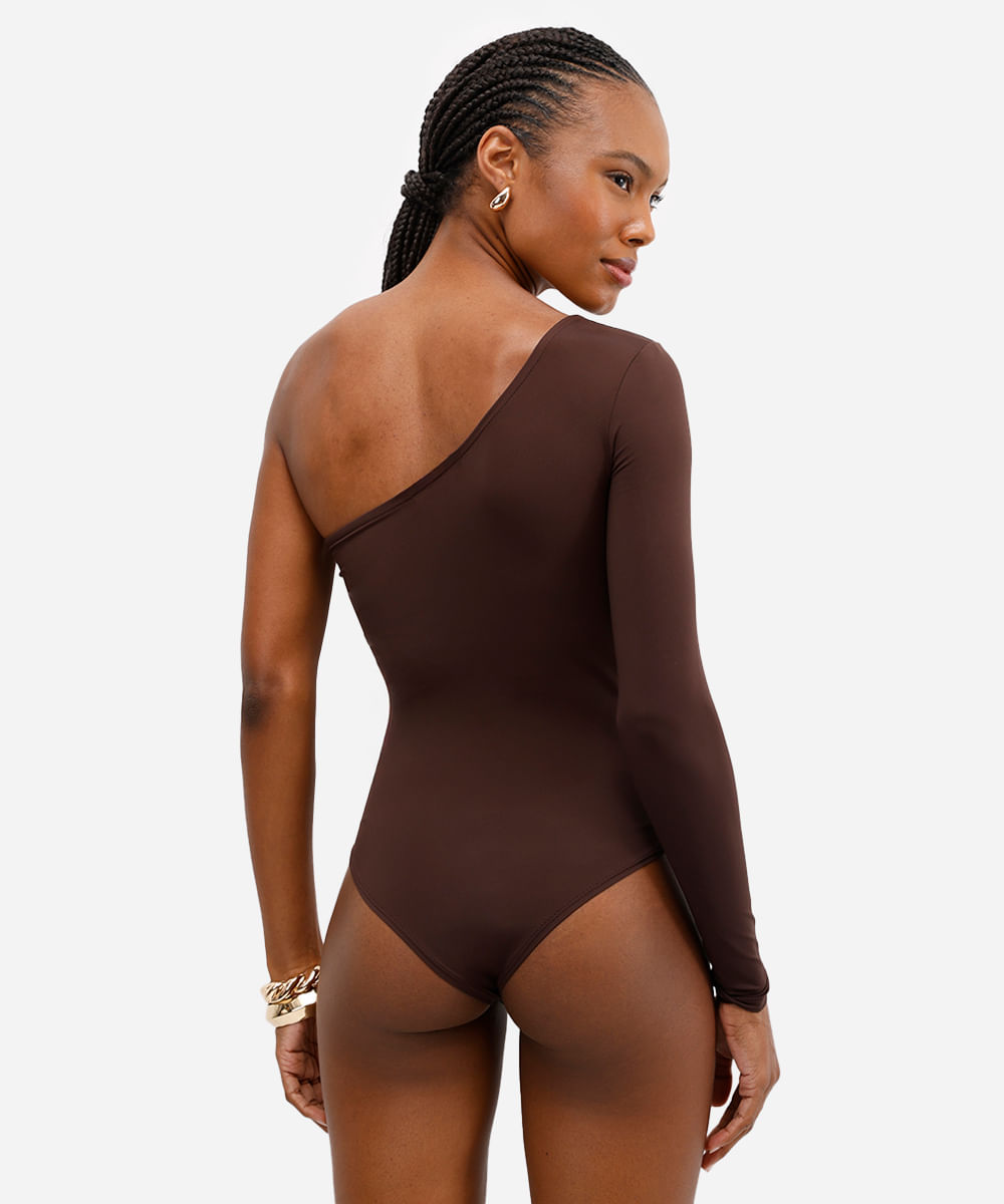 body ombro único feminino de poliamida marrom