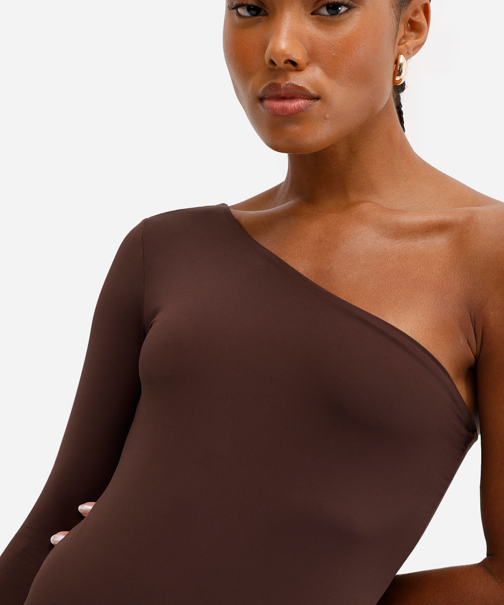 body ombro único feminino de poliamida marrom