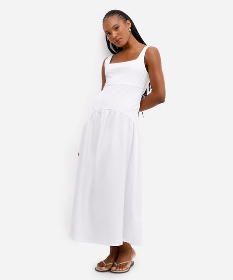 vestido midi de malha texturizada e alça branco