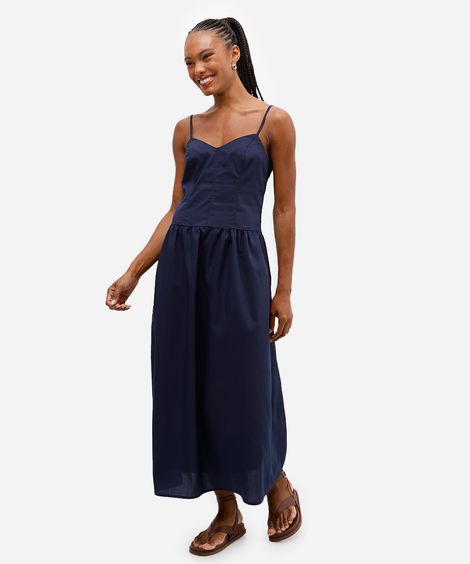 vestido feminino longo cintura alongada com alça fina azul