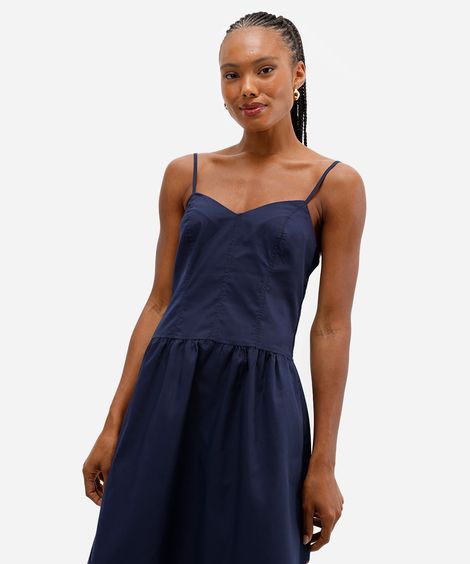 vestido feminino longo cintura alongada com alça fina azul
