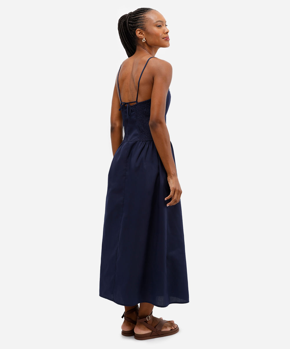 vestido feminino longo cintura alongada com alça fina azul