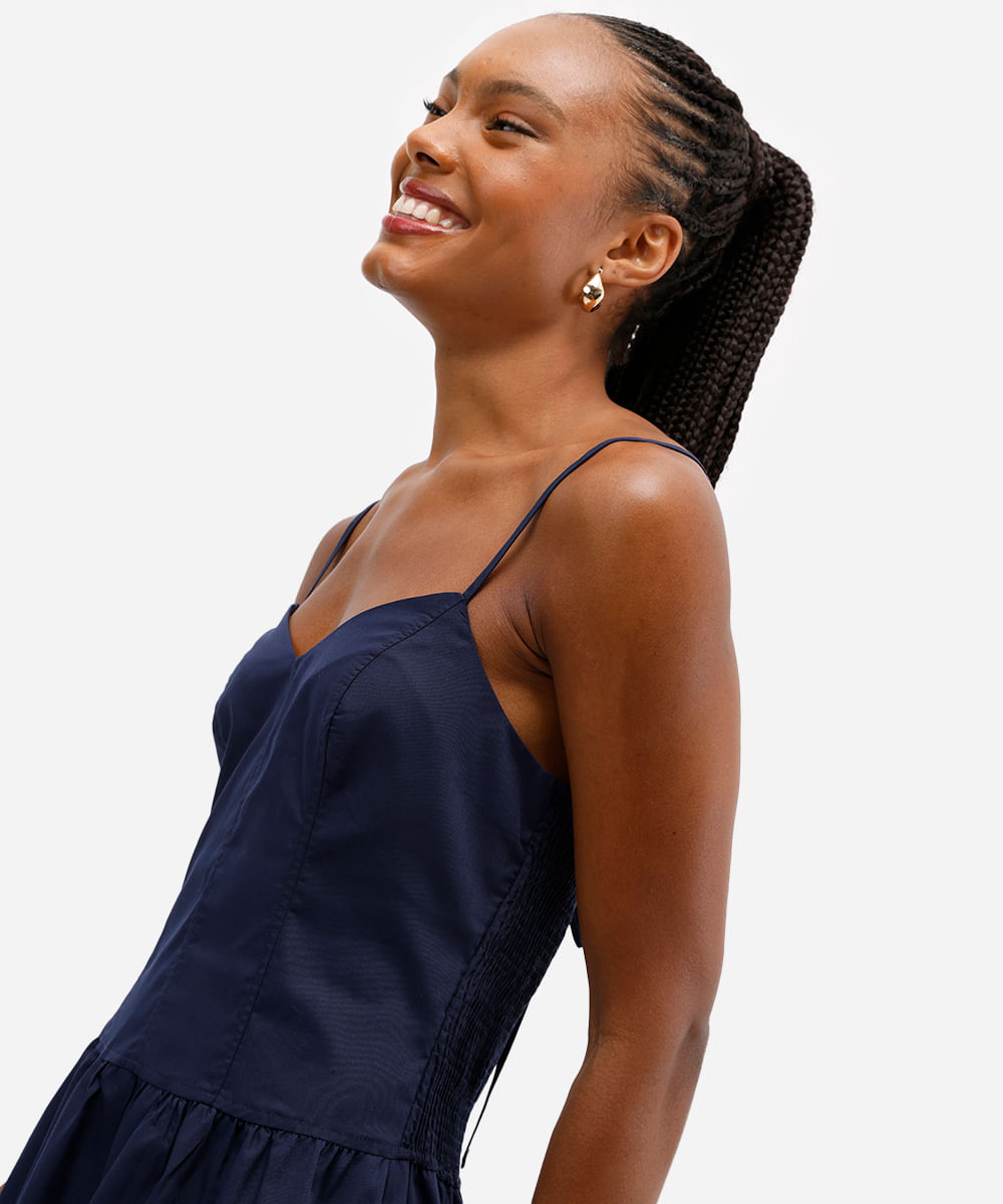 vestido feminino longo cintura alongada com alça fina azul