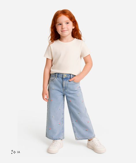 calça wide leg infantil jeans floral - jeans claro