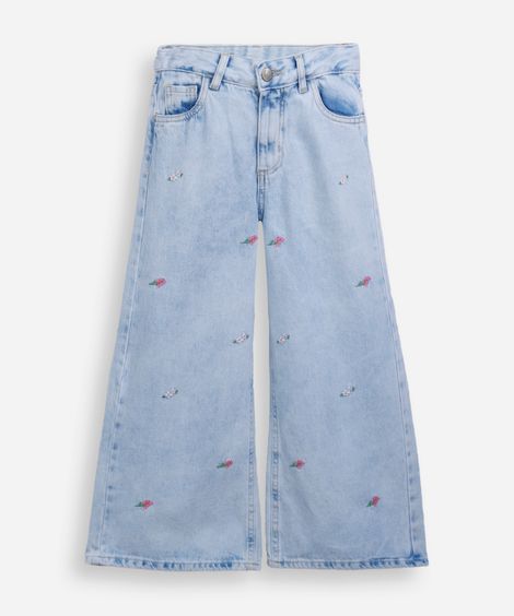 calça wide leg infantil jeans floral - jeans claro
