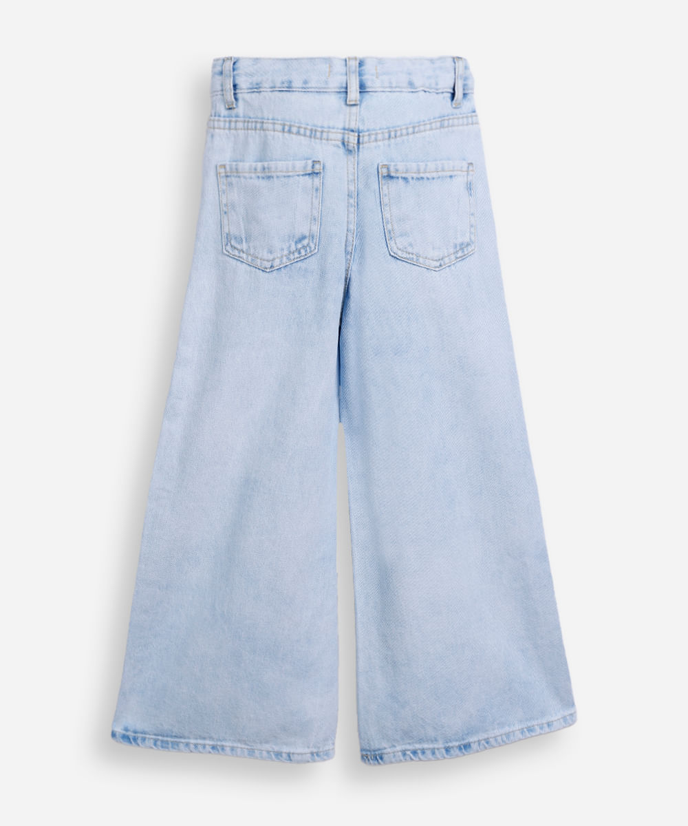 calça wide leg infantil jeans floral - jeans claro