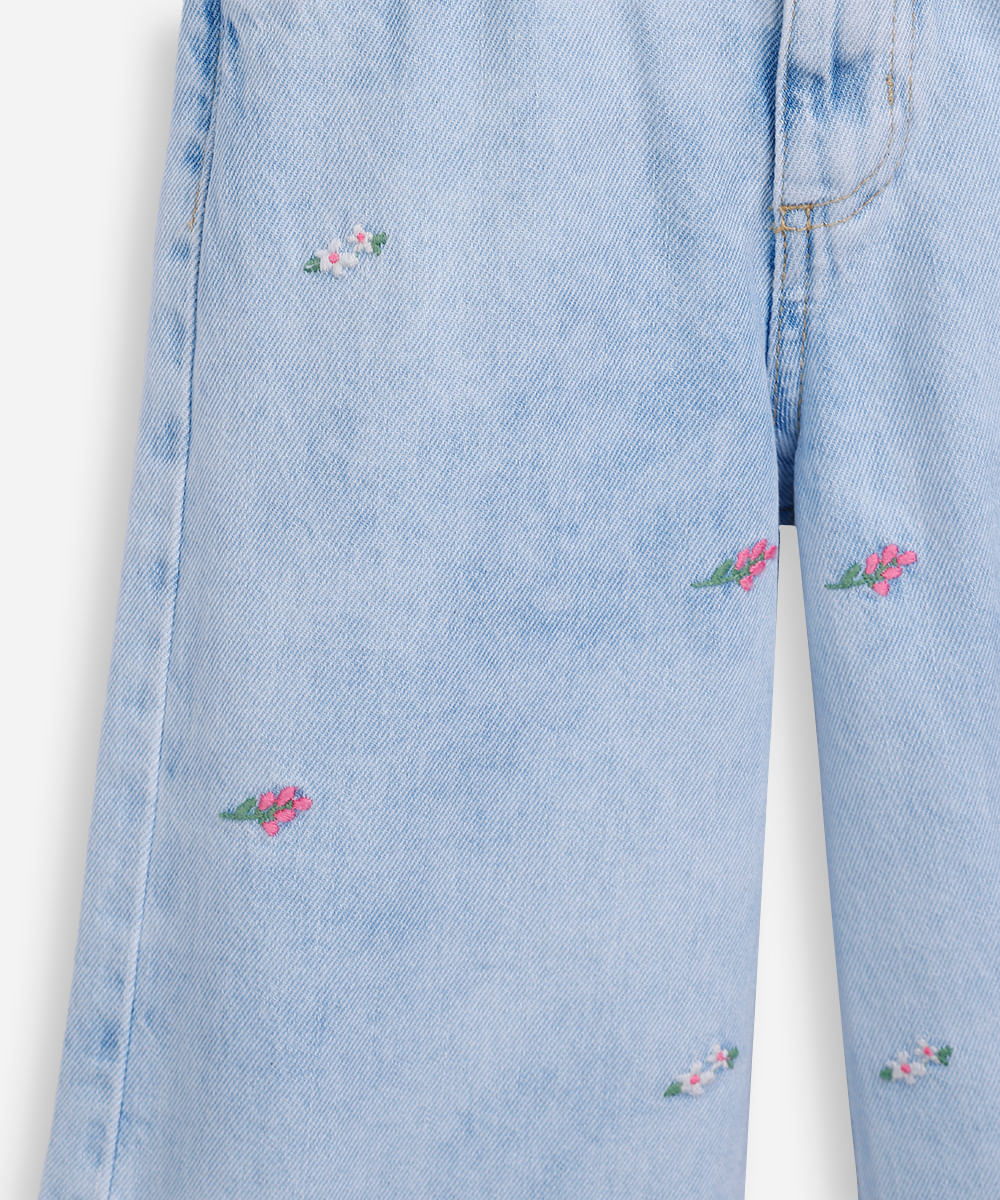calça wide leg infantil jeans floral - jeans claro