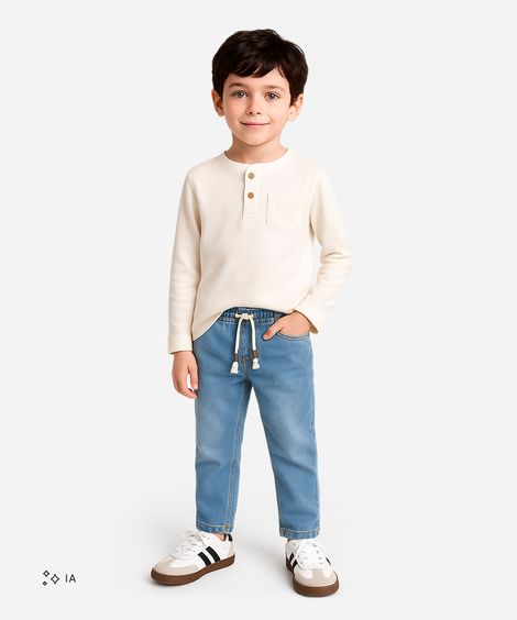 calça reta infantil jeans cós com cordão - jeans medio