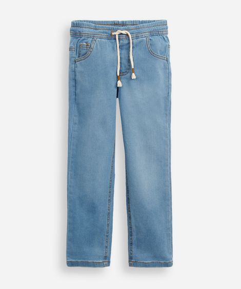 calça reta infantil jeans cós com cordão - jeans medio