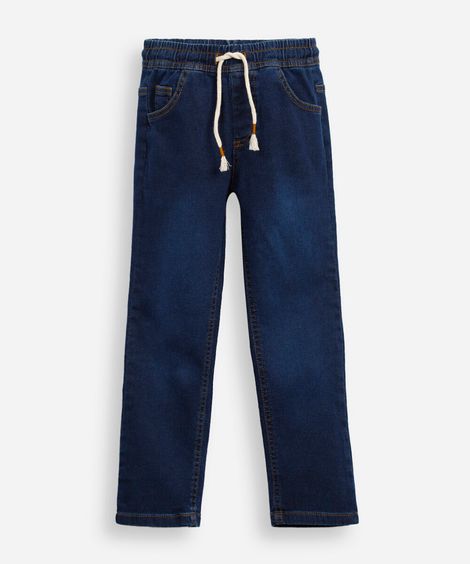 calça reta infantil jeans cós com cordão azul