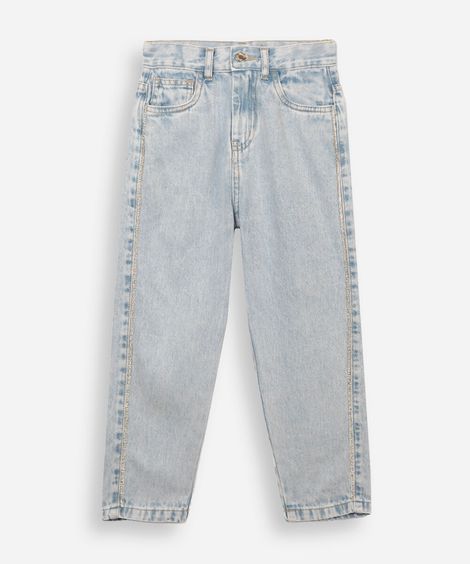 calça infantil jeans mom com strass azul