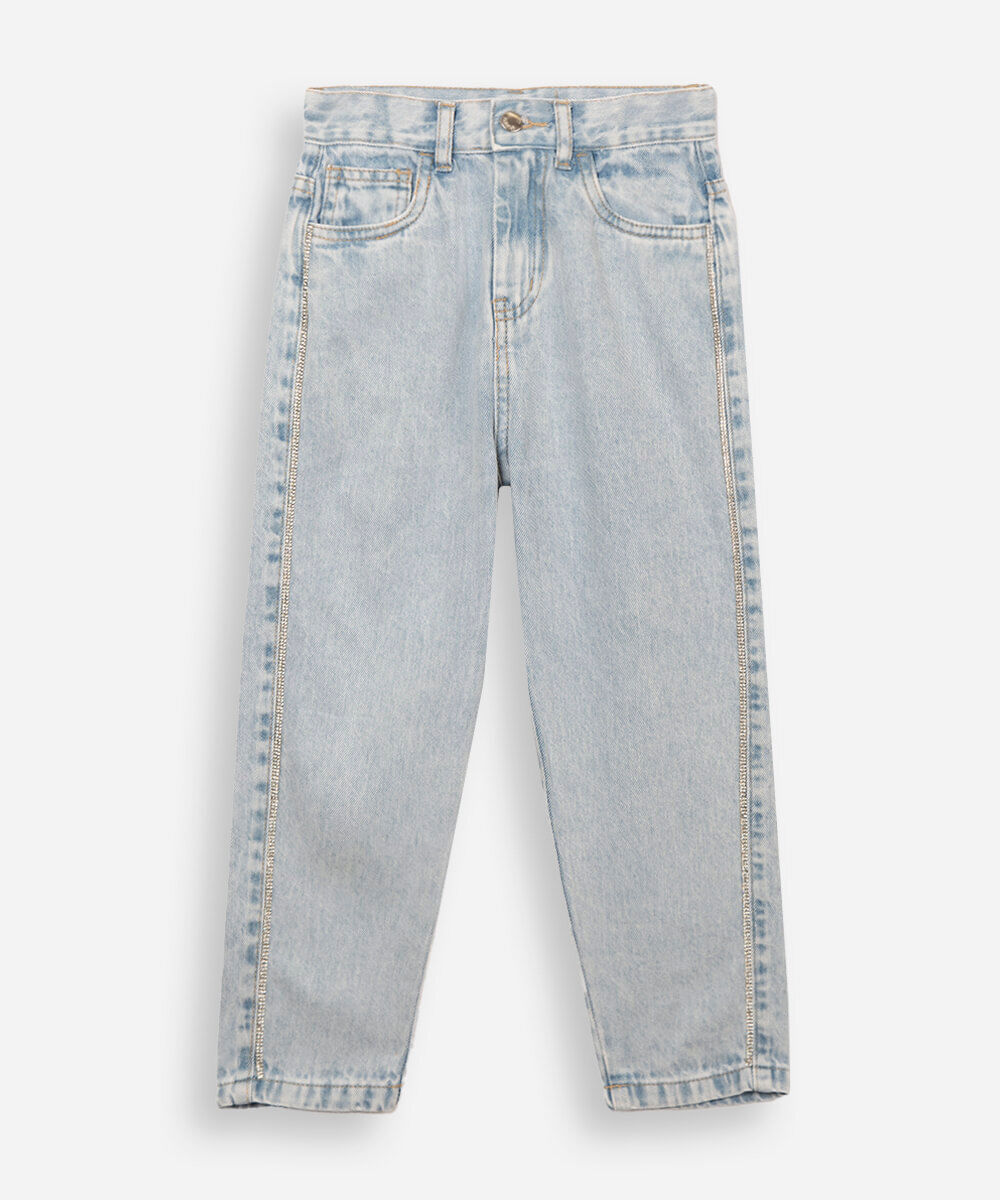 calça infantil jeans mom com strass azul