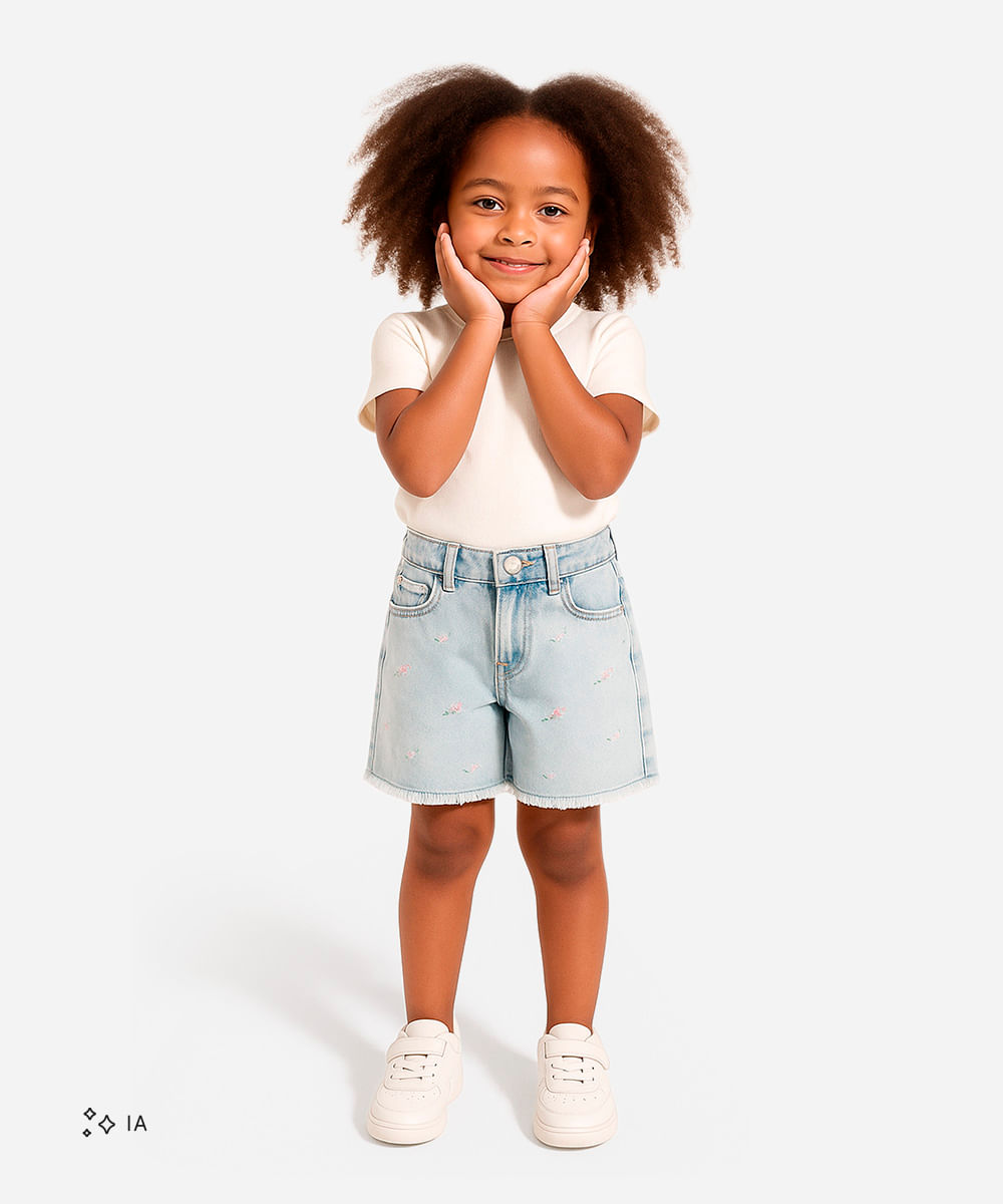 short mom infantil jeans floral - jeans claro