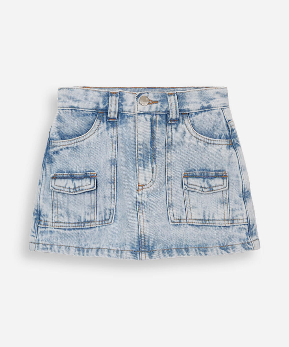 short saia infantil jeans cargo azul