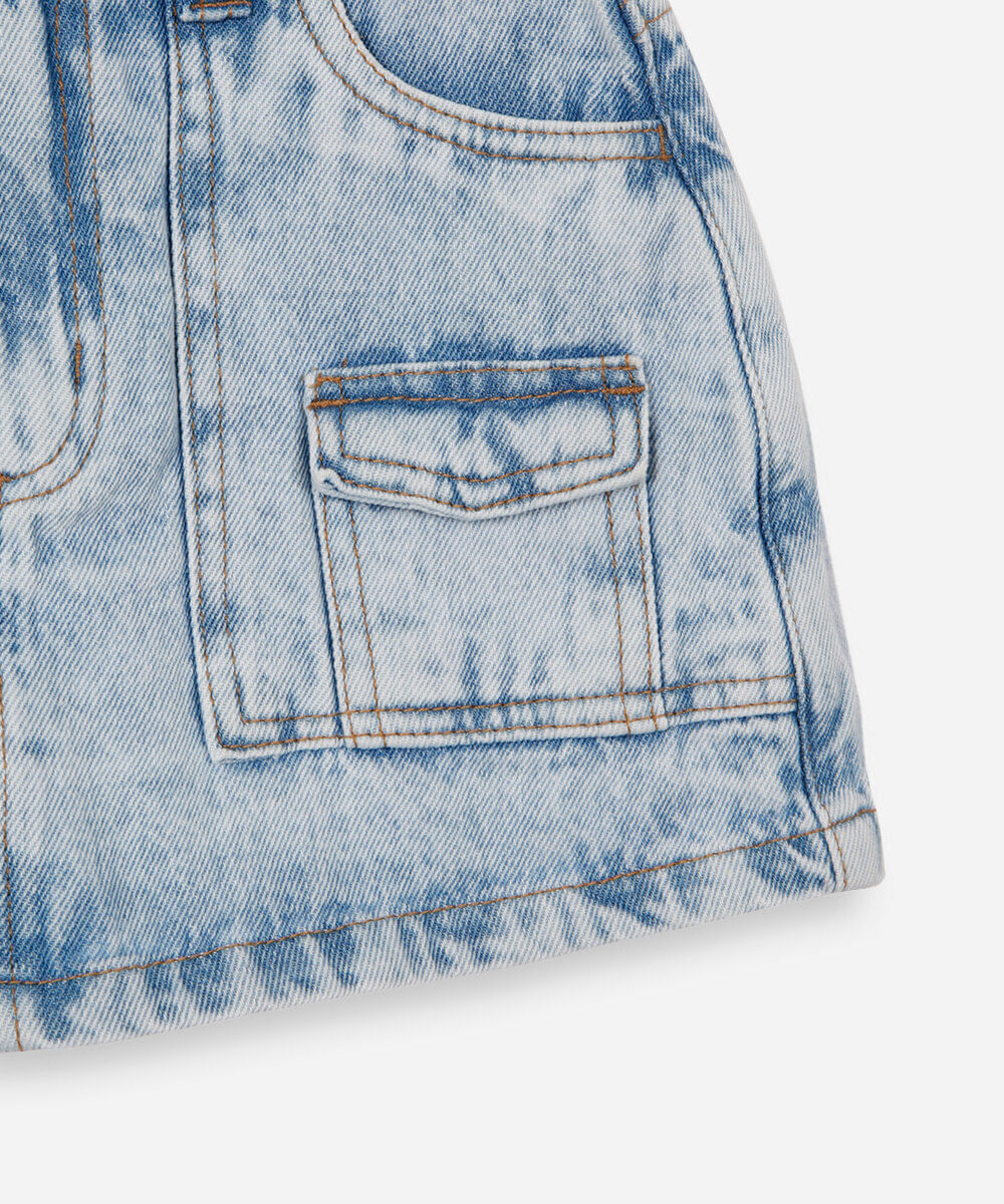short saia infantil jeans cargo azul