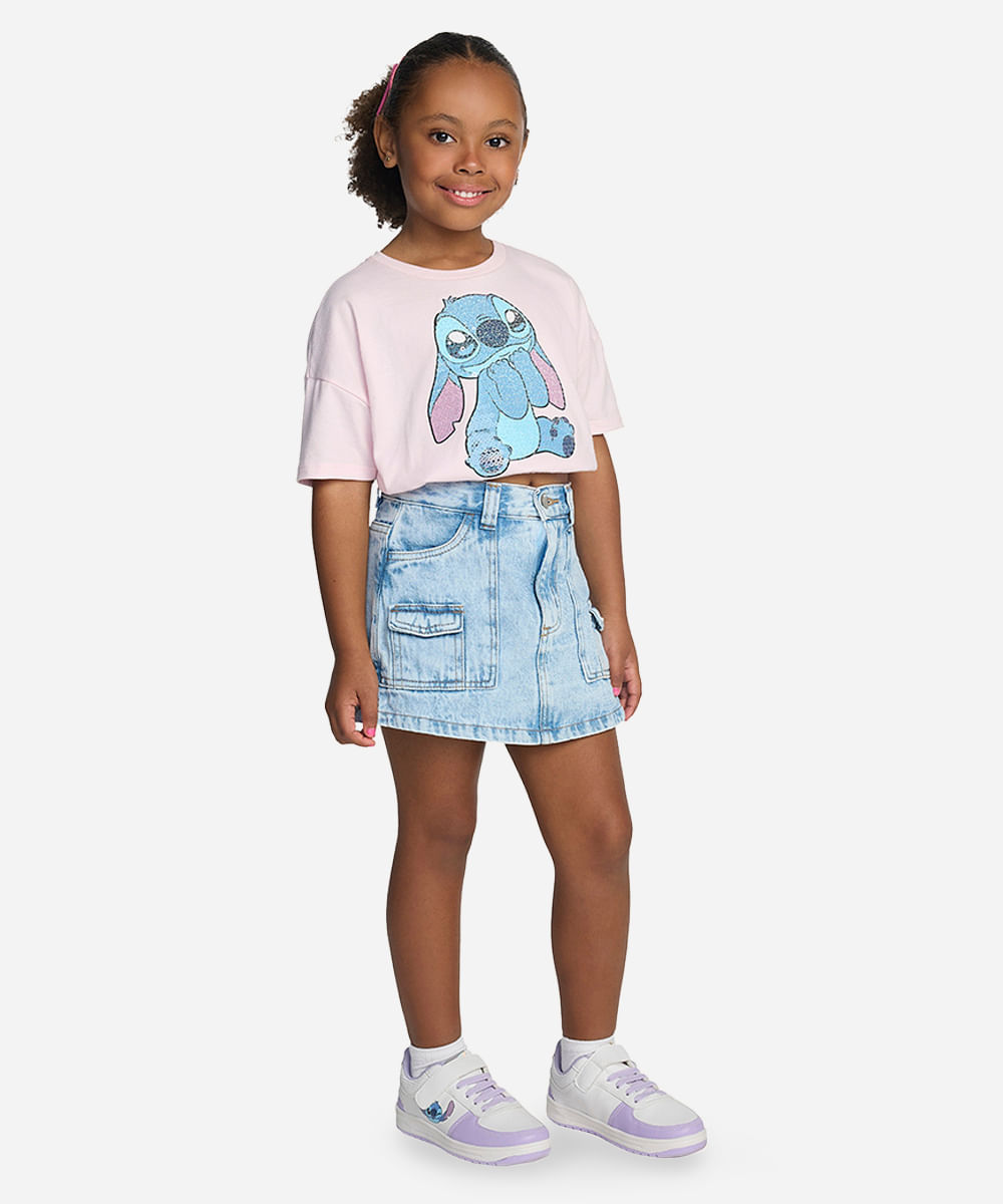 short saia infantil jeans cargo azul