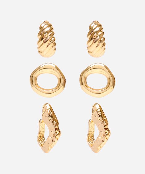 kit de 3 brincos texturizados dourado