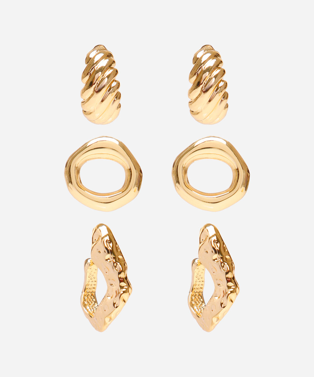 kit de 3 brincos texturizados dourado