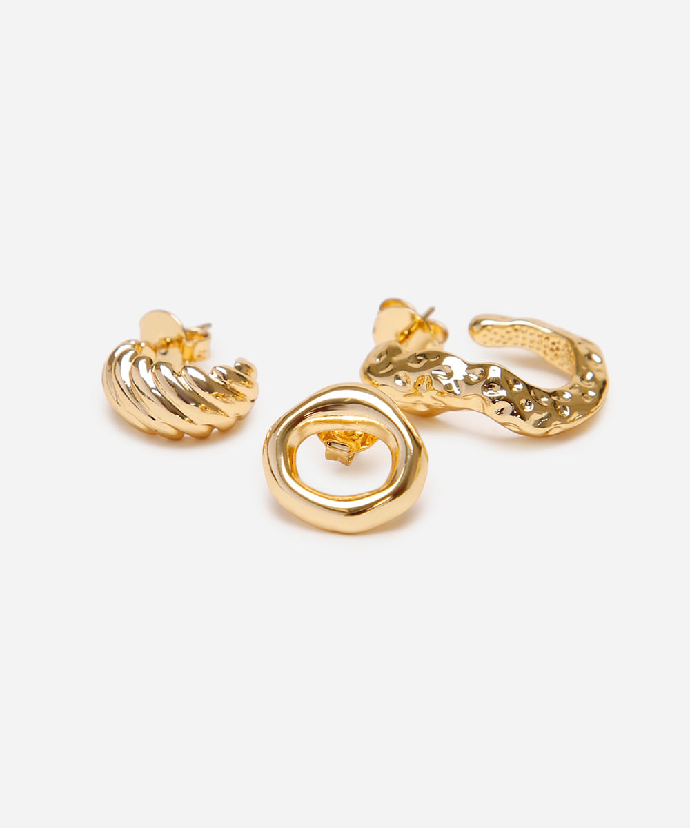 kit de 3 brincos texturizados dourado