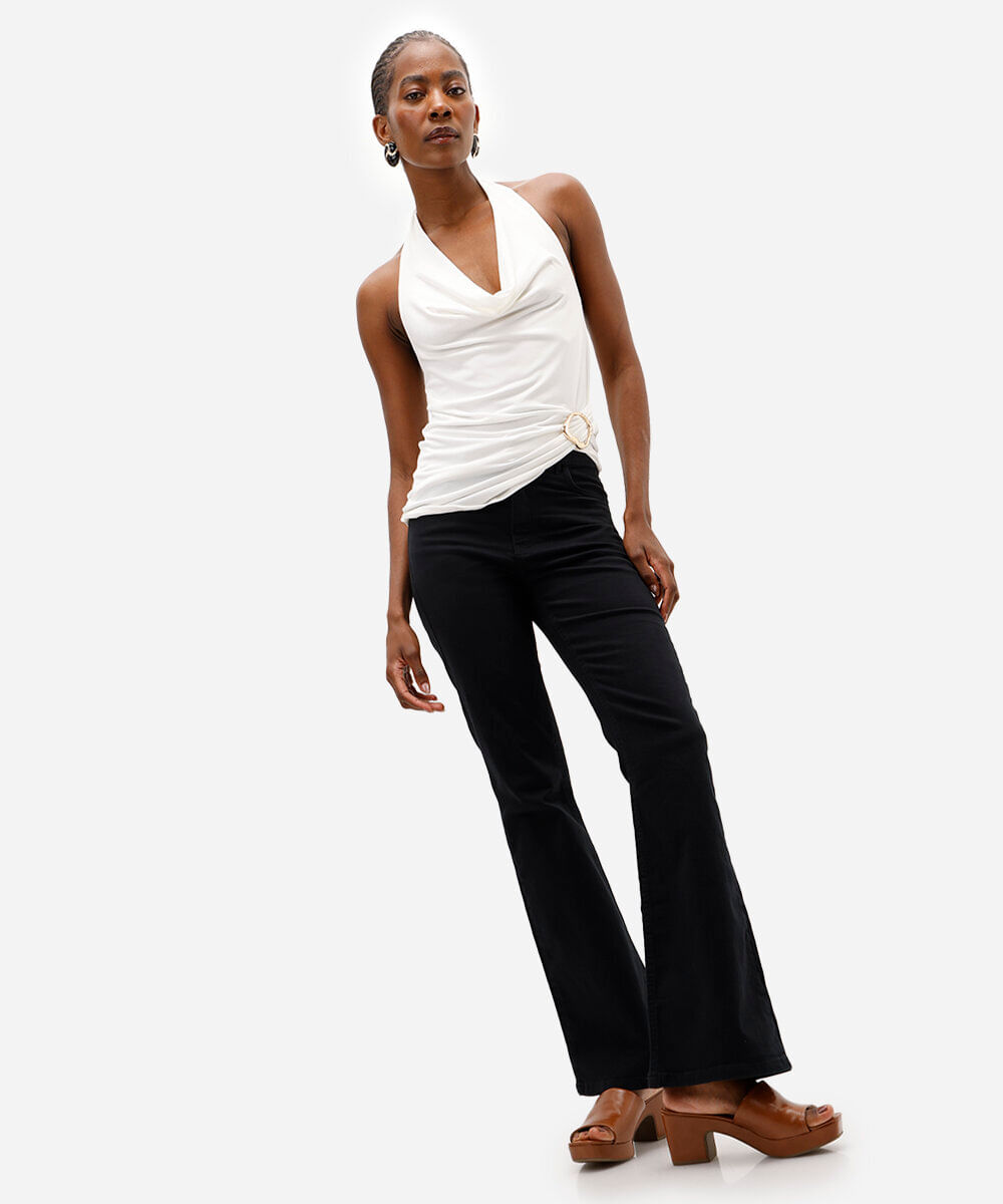 calça flare de sarja cintura alta preta - preto