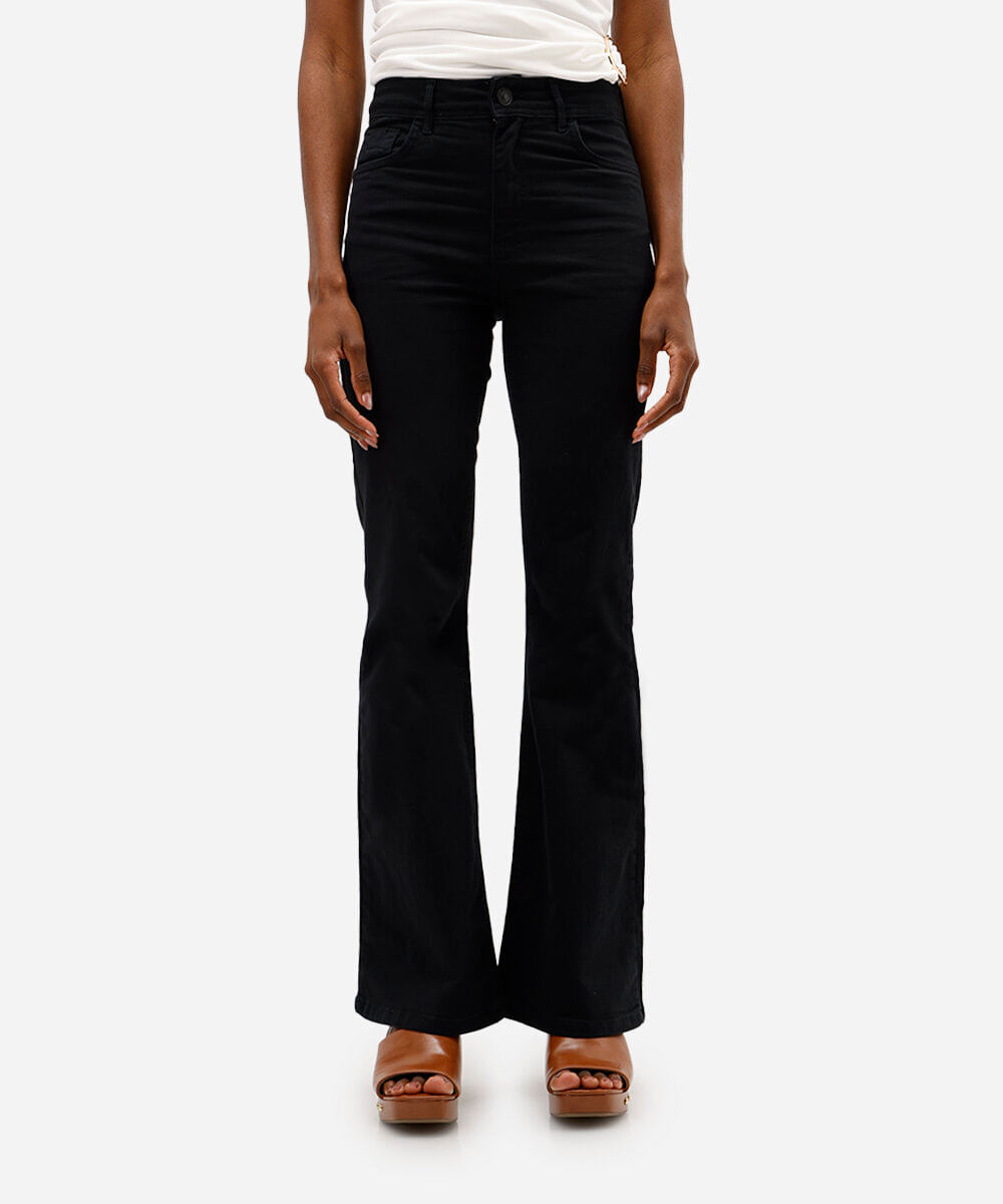 calça flare de sarja cintura alta preta - preto