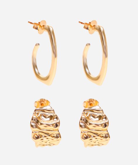 kit de 2 brincos argolas com textura dourado