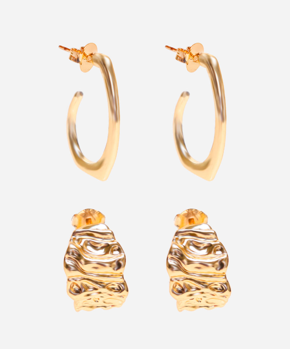 kit de 2 brincos argolas com textura dourado