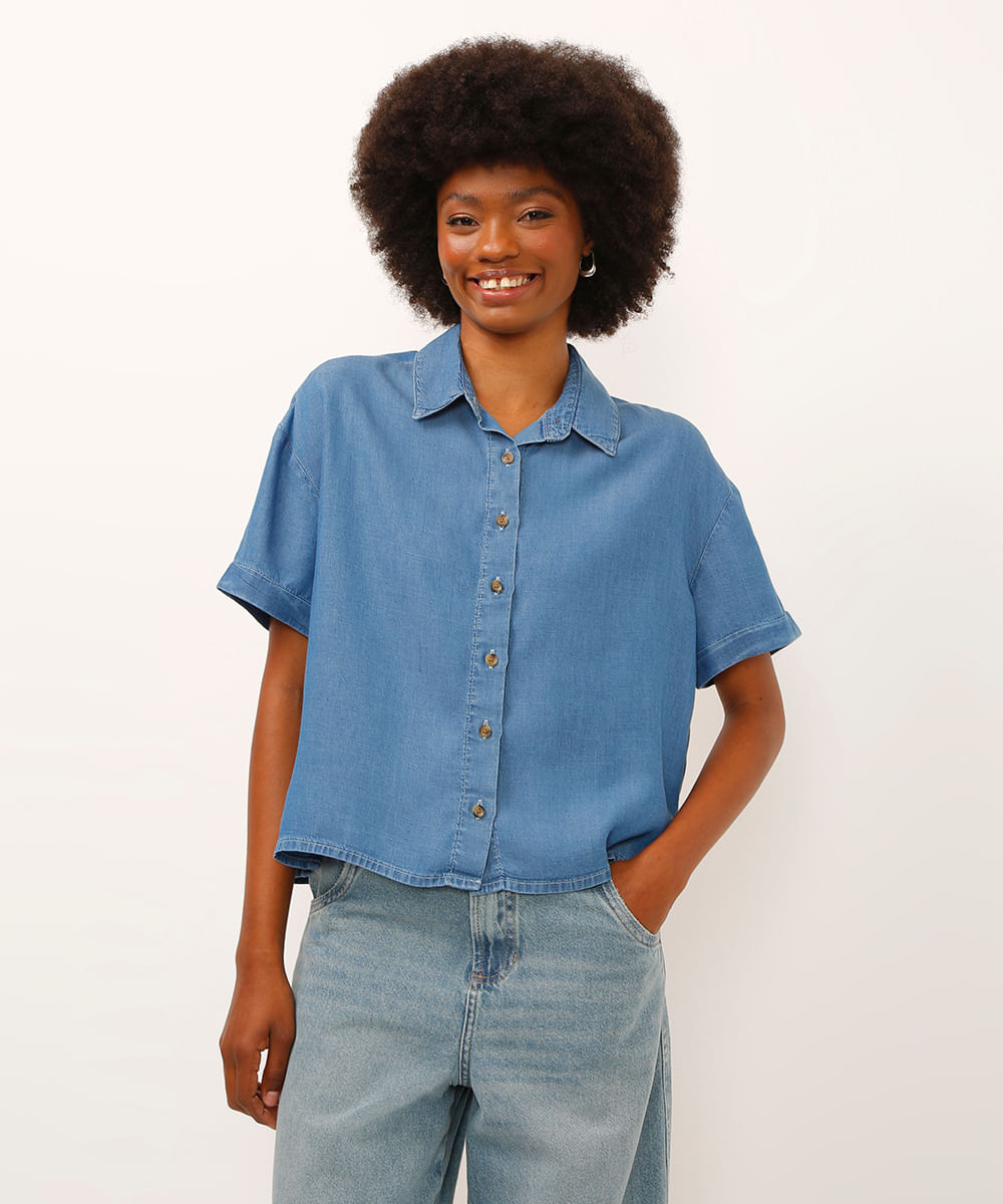camisa jeans manga curta azul