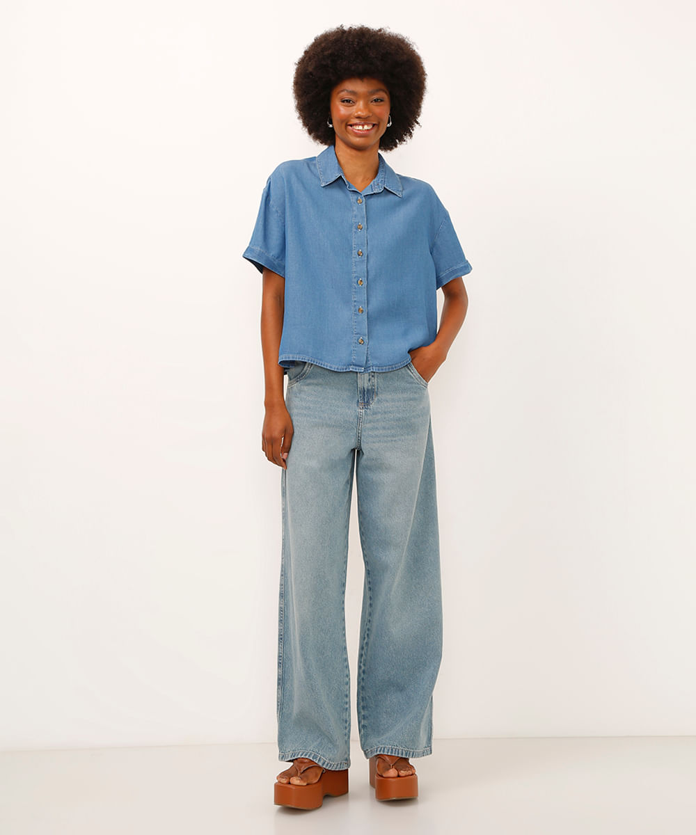camisa jeans manga curta azul