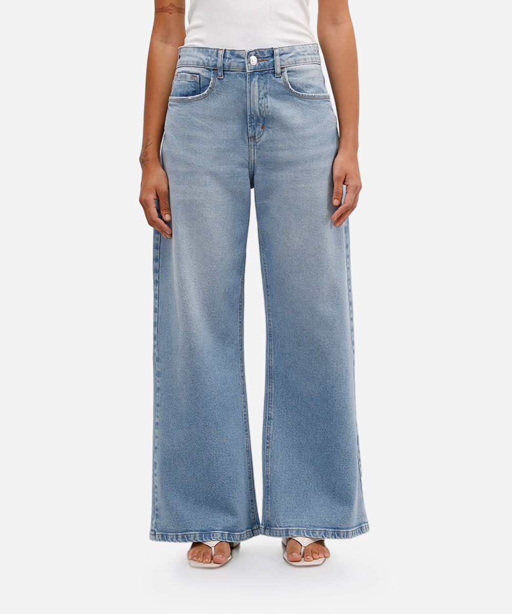 calça wide leg petit feminina jeans azul