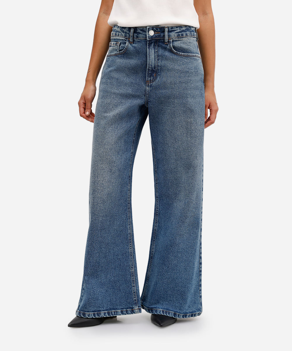 calça wide leg petit feminina jeans cintura alta azul