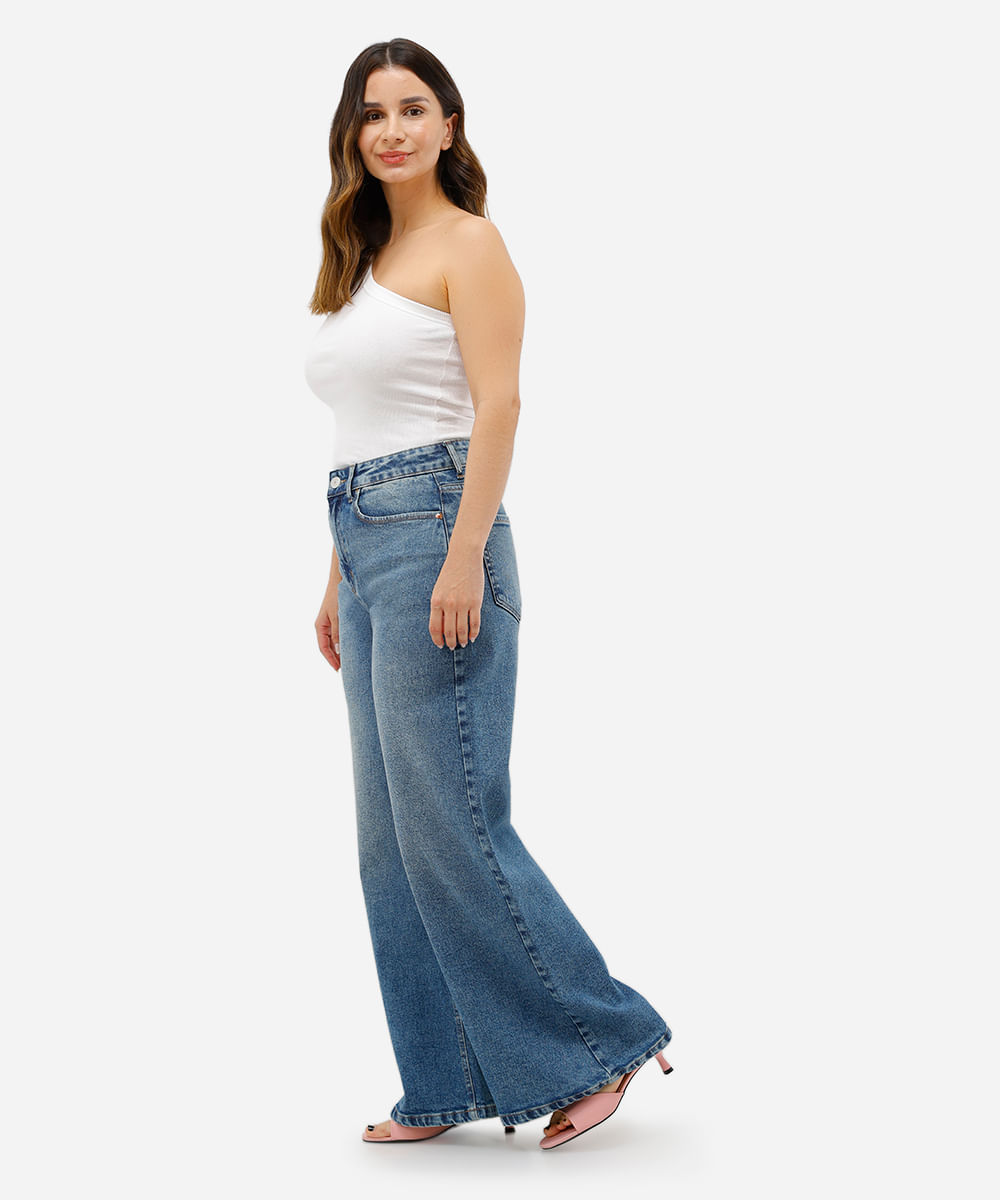 calça wide leg petit feminina jeans cintura alta azul