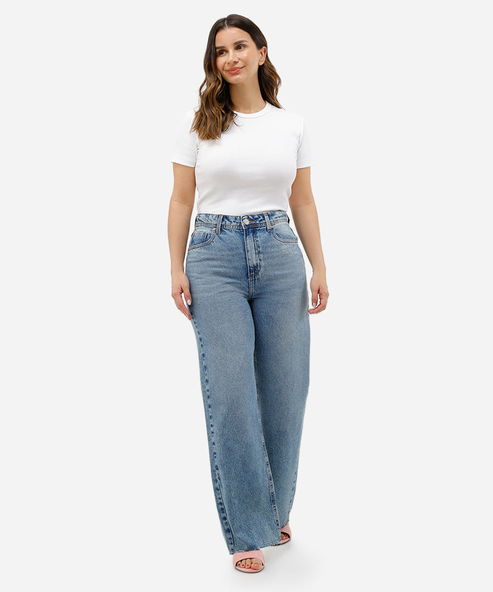 calça wide leg petit feminina jeans azul