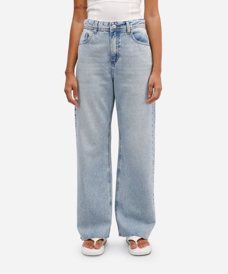 calça wide leg petit feminina jeans cintura alta azul