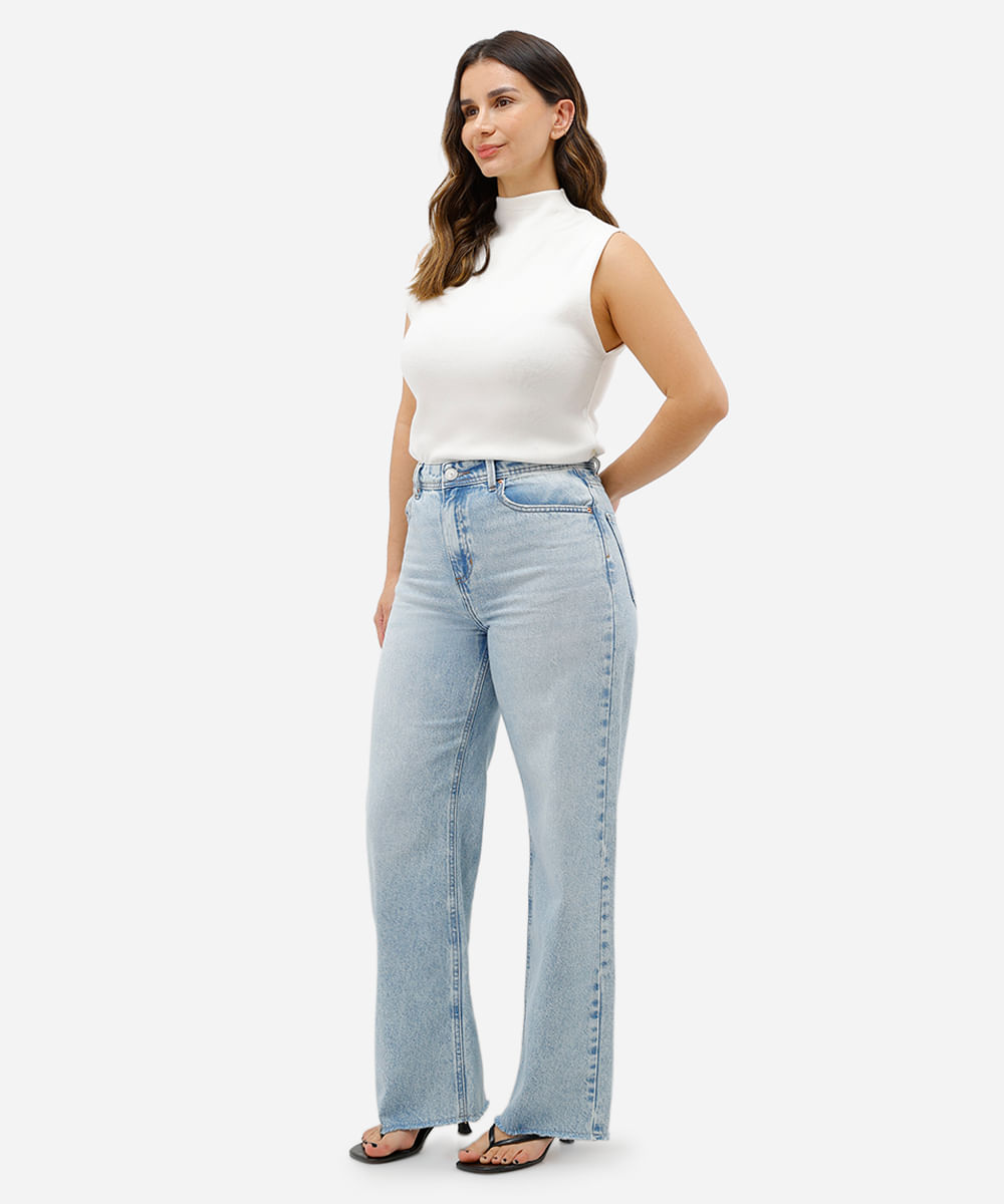 calça wide leg petit feminina jeans cintura alta azul