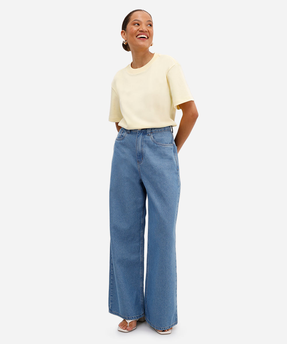 calça wide leg petit feminina jeans azul