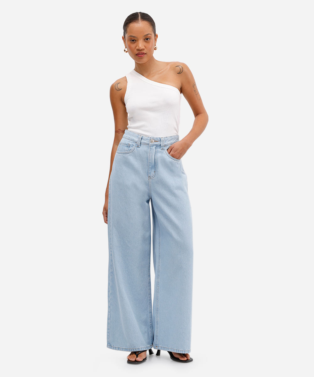 calça wide leg petit feminina jeans azul