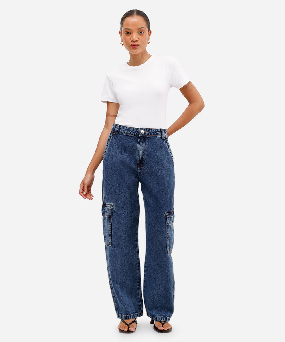 calça wide leg petit feminina jeans com bolsos cargo azul