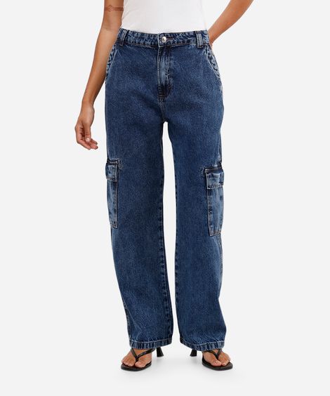 calça wide leg petit feminina jeans com bolsos cargo azul