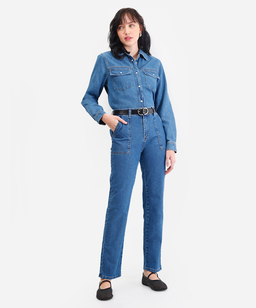 calça reta petit feminina jeans cintura média sawary azul