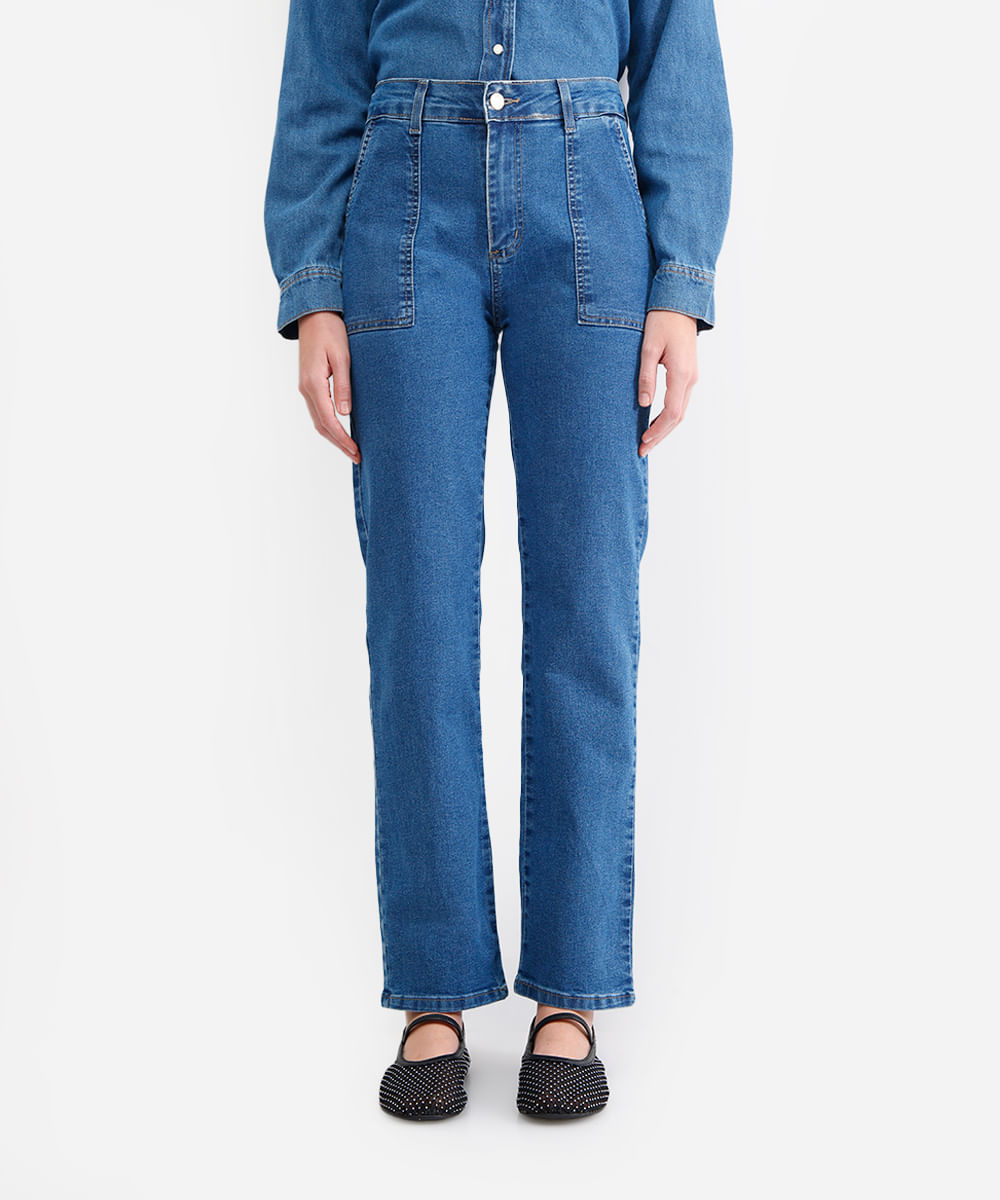 calça reta petit feminina jeans cintura média sawary azul