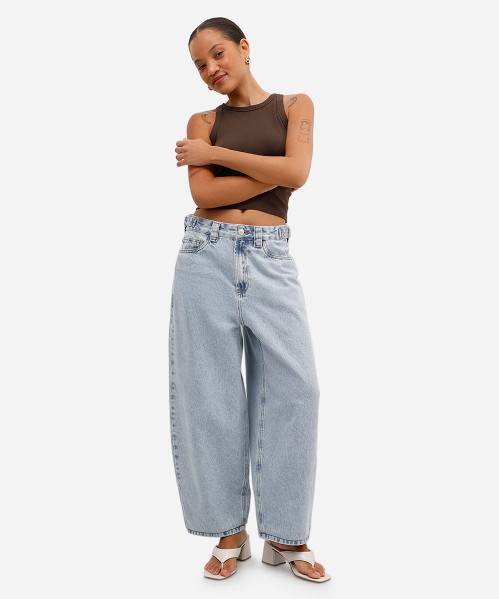 calça baggy petit feminina jeans cintura regulável azul