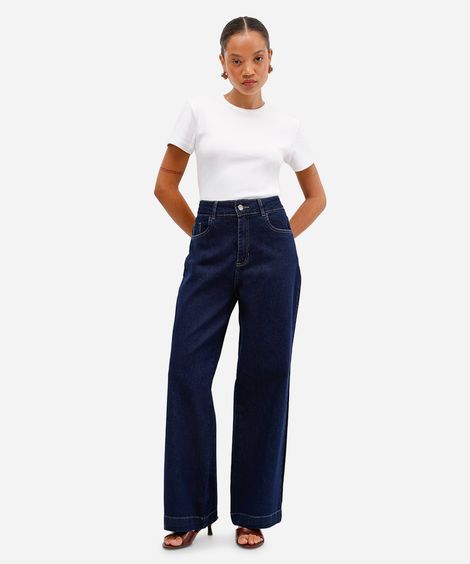 calça jeans wide leg petit cintura alta sawary azul