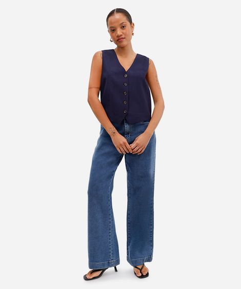 calça jeans wide leg petit cintura alta sawary azul