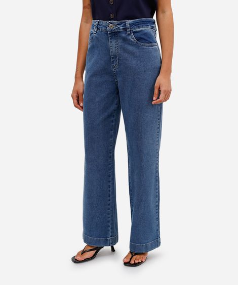 calça jeans wide leg petit cintura alta sawary azul
